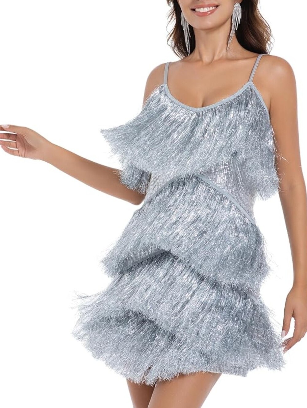 Misi Chao NWT Silver Tinsel Fringe Mini Dress Dancing Costume Size M